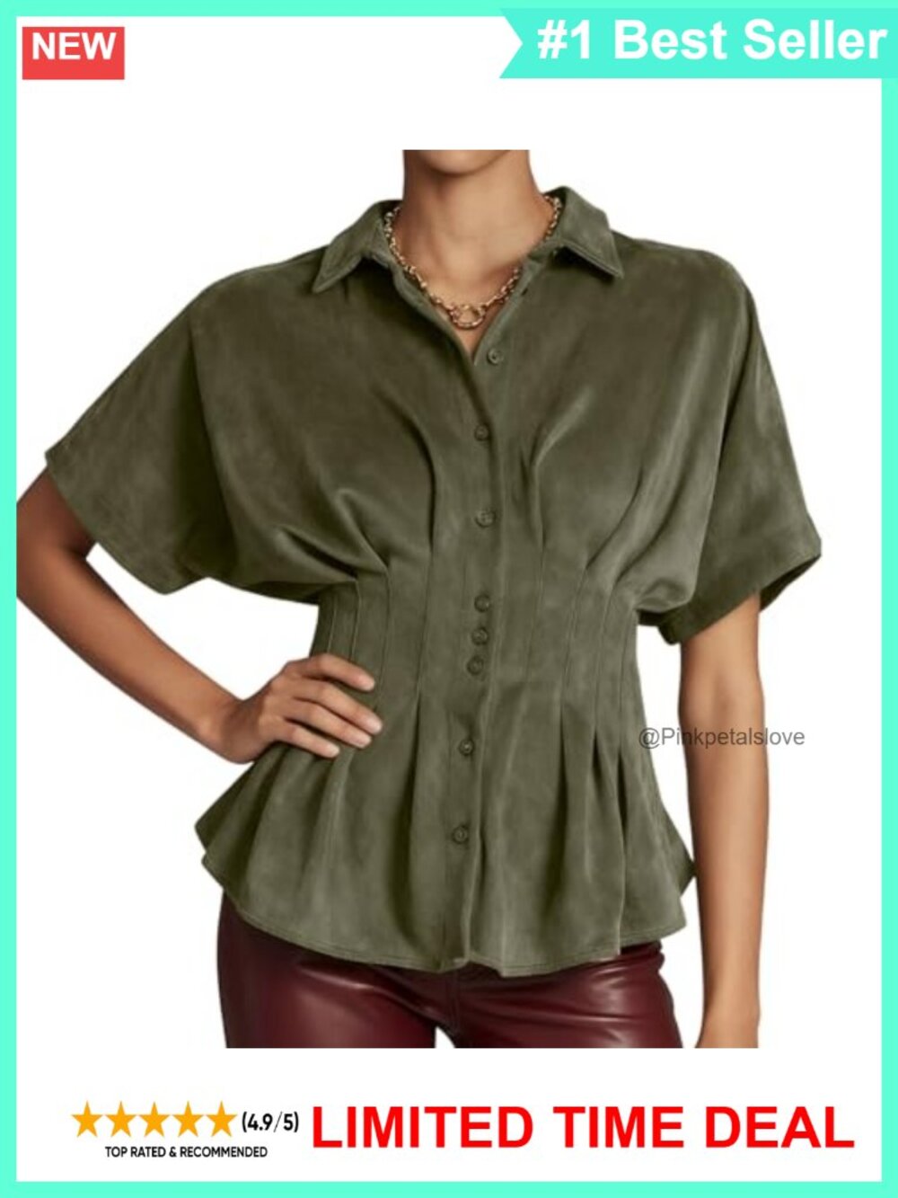 Faux Suede Button Down Peplum Top Short Sleeve Flared Blouse